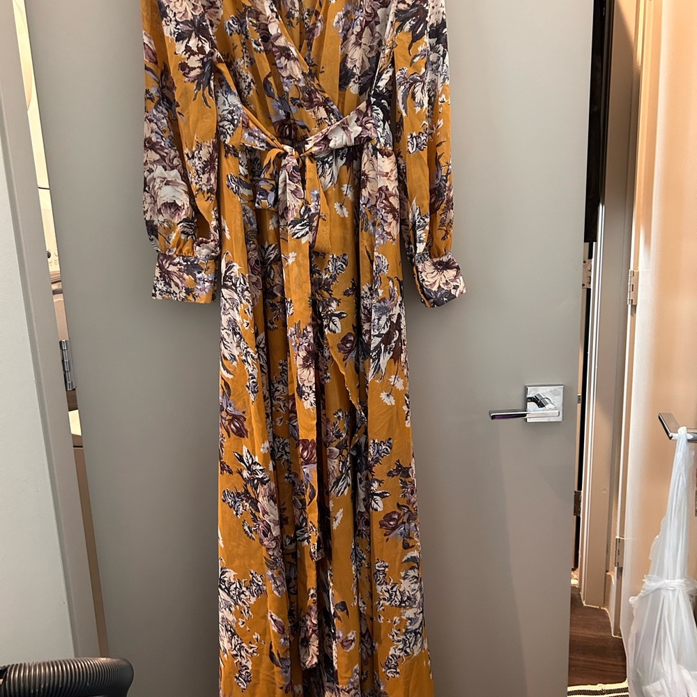 Mustard, yellow floral, long dress